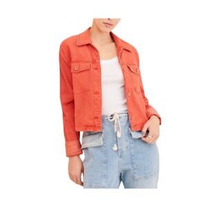 Anthropologie Marilee Cropped Trucker Jacket Washed Out Coral Red/ Orange Small